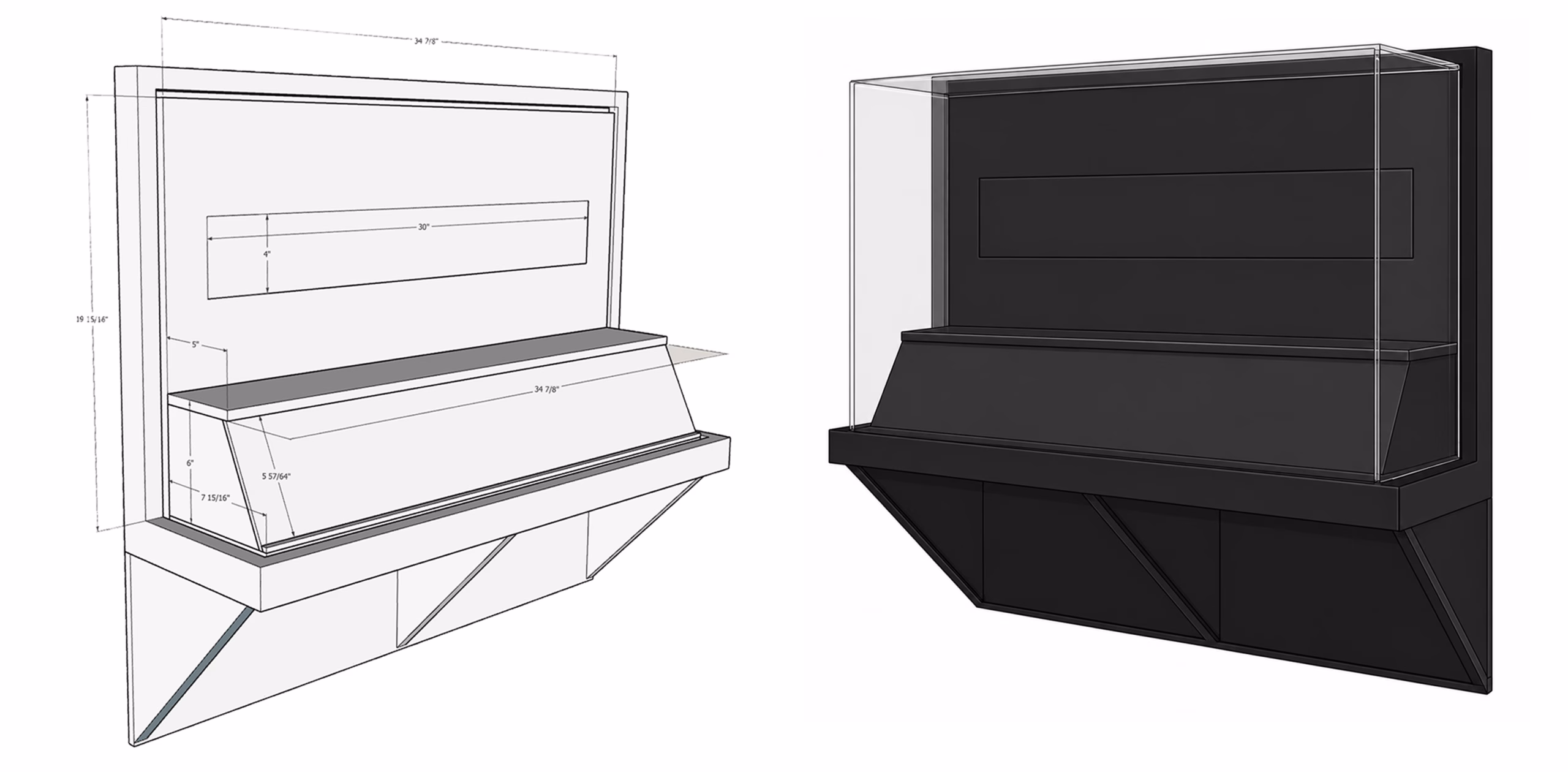 Two-view technical rendering of a rectangular display case: left shows schematic with dimensions, right shows a black solid render with a glass panel.
